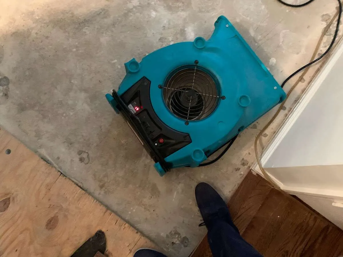 Air mover drying subfloor during Leak Detection & Repair in Erwin